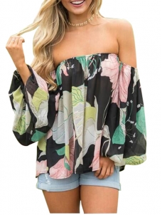 2 Colors S-XL Floral Printed Off Shoulder Blouse