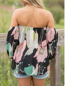 2 Colors S-XL Floral Printed Off Shoulder Blouse