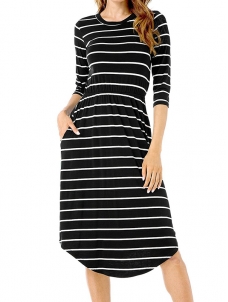 2 Colors S-XL Long Sleeve Stripped Midi Dress