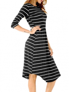 2 Colors S-XL Long Sleeve Stripped Midi Dress