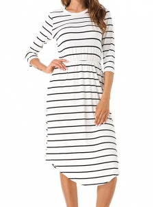 2 Colors S-XL Long Sleeve Stripped Midi Dress