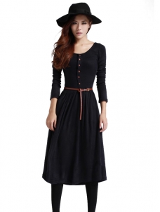 2 Colors S-XL Solid Long Sleeve Midi Dress