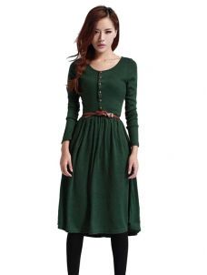 2 Colors S-XL Solid Long Sleeve Midi Dress