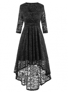 3 Colors S-XXL Classy High-Low Skater Lace Dress