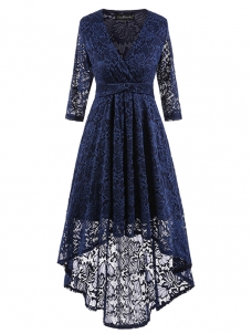 3 Colors S-XXL Classy High-Low Skater Lace Dress