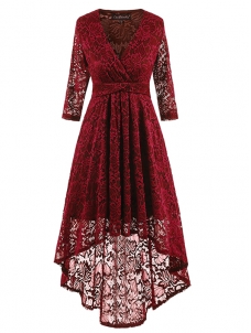 3 Colors S-XXL Classy High-Low Skater Lace Dress