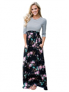4 Colors S-XL Striped  with Tie Waist Maxi Dress