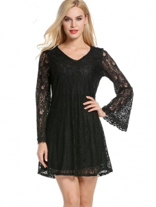 7 Colors S-XL V Neck Lace Casual Dress