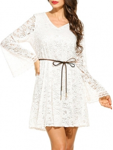 7 Colors S-XL V Neck Lace Casual Dress