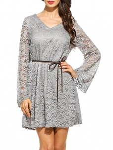 7 Colors S-XL V Neck Lace Casual Dress