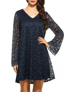 7 Colors S-XL V Neck Lace Casual Dress