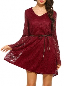7 Colors S-XL V Neck Lace Casual Dress