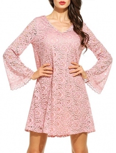 7 Colors S-XL V Neck Lace Casual Dress