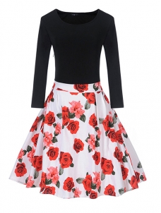 8 Colors S-XXL Fitted Top Flare Hem Casual Dress