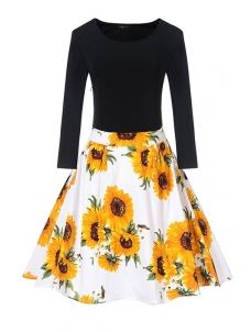 8 Colors S-XXL Fitted Top Flare Hem Casual Dress