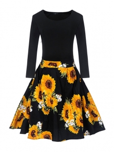 8 Colors S-XXL Fitted Top Flare Hem Casual Dress