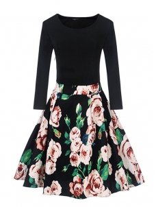 8 Colors S-XXL Fitted Top Flare Hem Casual Dress