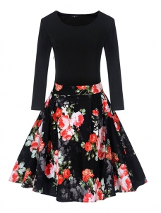 8 Colors S-XXL Fitted Top Flare Hem Casual Dress