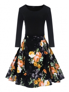 8 Colors S-XXL Fitted Top Flare Hem Casual Dress