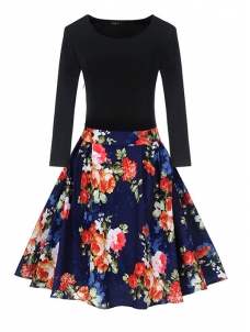 8 Colors S-XXL Fitted Top Flare Hem Casual Dress