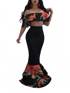 Black Crop Top and Mermaid Skirt Set
