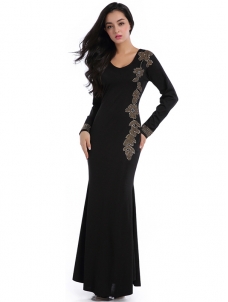 Black M-XL Long Sleeve Beaded Mermaid Evening Dress
