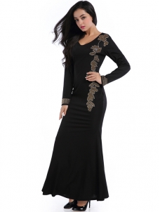 Black M-XL Long Sleeve Beaded Mermaid Evening Dress