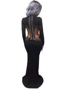 Black S-XL Cut Out Beaded Evening Dress