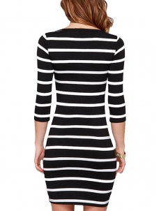 Black S-XL Distinctive Striped Casual Dress