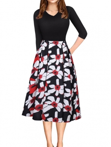 Black S-XL Patchwork Floral Printed Casual Dress