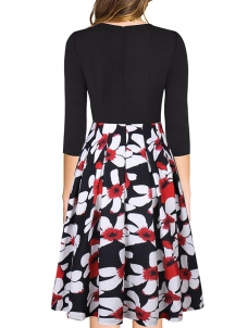 Black S-XL Patchwork Floral Printed Casual Dress