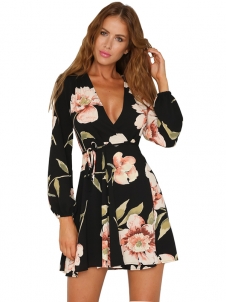 Black S-XL V Neck Casual Dress