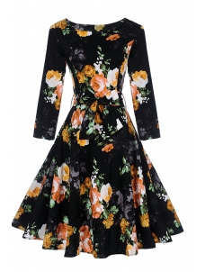 Black S-XXL Knee Length Flare Hem Casual Dress