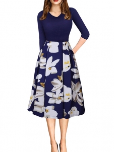Blue S-XL  Top Flower Pattern Splicing Casual Dress