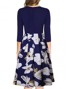 Blue S-XL  Top Flower Pattern Splicing Casual Dress