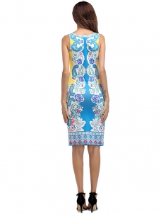 Blue S-XL Gilet Printing Midi Dress