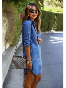 Blue S-XL Loose Shirt Mini Dress
