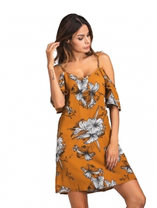 Brown S-XL Flower Printed Mini Dress