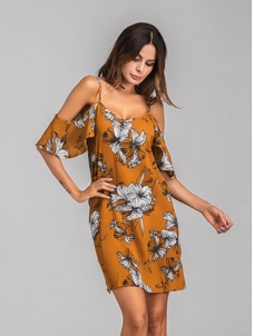 Brown S-XL Flower Printed Mini Dress