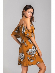 Brown S-XL Flower Printed Mini Dress