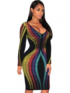 Colorful Long Sleeves Bodycon Midi Dress
