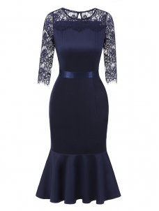 Dark Blue S-XXL Vintage Solid Skater Lace Dress