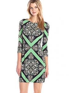Green S-2XL Diamond Long Sleeve Casual Dress