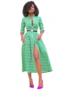Green S-XL Long Sleeve Split Maxi Dress