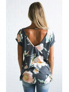 Grey S-XL V-Neck Flower Blouses