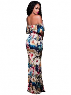 Multi-color Floral Print Off Shoulder Maxi Dress