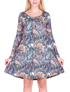 Multicolor S-XL  Round Neck Patterned Pullover Casual Dress
