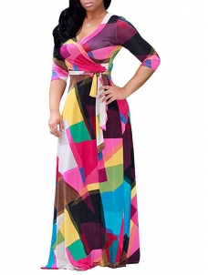 Multicolor S-XL Print Wrap V Neck Maxi Dress