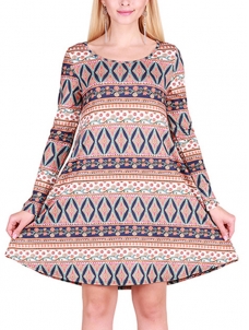 Multicolor S-XL Stretchy Full Sleeve Flared Flora Casual Dress