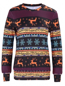 Multicolor XS-XL Ribbed Cuff Christmas Blouses